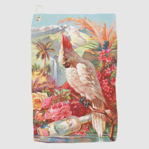 Vintage Tropical Cockatoo & Rose Botanical Art Golf Towel