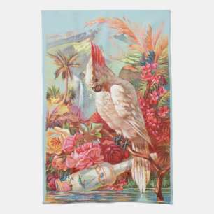Vintage Tropical Cockatoo & Rose Botanical Art Kitchen Towel
