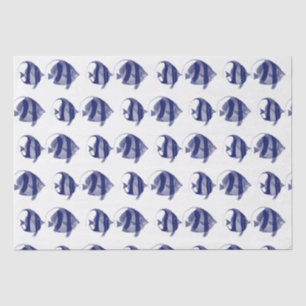 Vintage Tropical Fish Drawing Blue Striped Tissue Paper