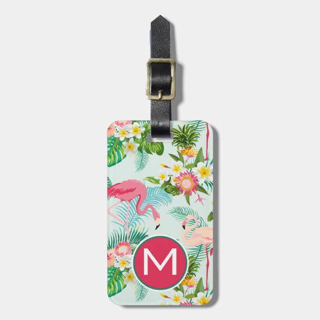 Vintage Tropical Flowers And Birds | Monogram Luggage Tag (Front Vertical)