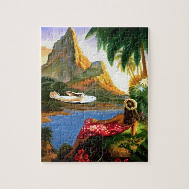 Vintage Tropical Hawaiian Sea Plane Palm Tree Jigsaw Puzzle (Vertical)