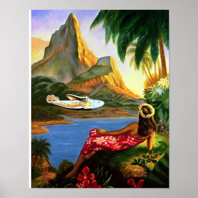 Vintage Tropical Hawaiian Sea Plane Palm Tree Poster (Front)