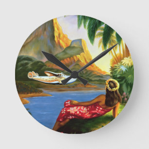 Vintage Tropical Hawaiian Sea Plane Palm Tree Round Clock