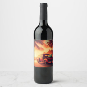 vintage tropical/Hawaiian surf truck Wine Label