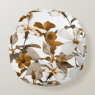Vintage Tropical Hibiscus: Photo Collage Pattern Round Pillow