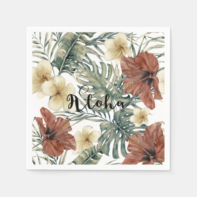 Vintage Tropical Hibiscus Plumeria Floral Aloha Napkin (Front)