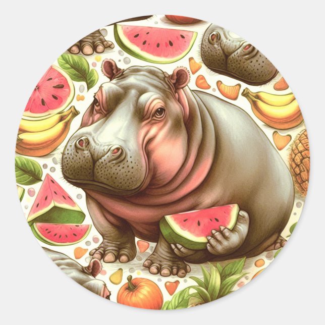 Vintage Tropical Hippopotamus Pattern Classic Round Sticker (Front)