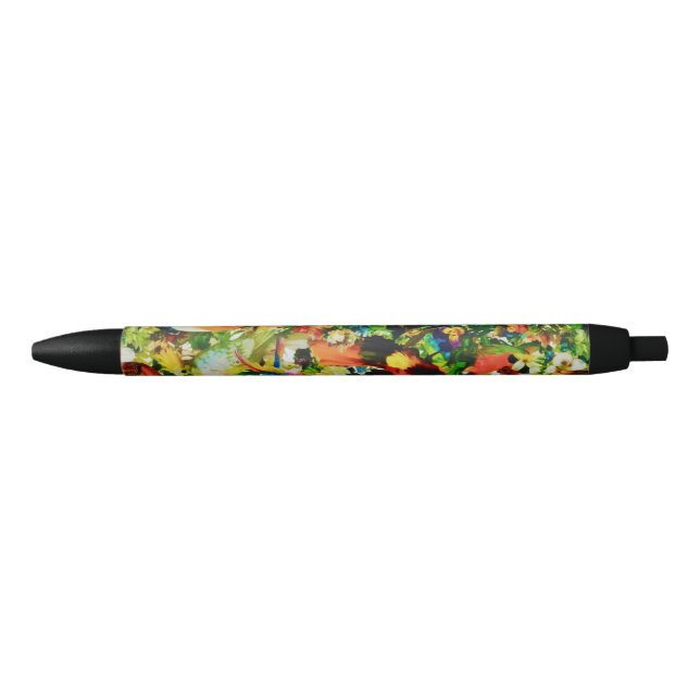 Vintage Tropical Jungle Wild Parrots Black Ink Pen (Front)