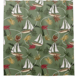 Vintage tropical leaves, boat, and sailor rope sea
