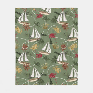 Vintage tropical leaves, boat, and sailor rope sea fleece blanket