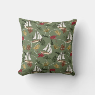 Vintage tropical leaves, boat, and sailor rope sea throw pillow