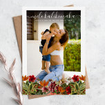 Vintage Tropical Mele Kalikimaka Christmas Photo Holiday Card<br><div class="desc">Send family and friends tropical holiday greetings - hawaiian style with these gorgeous christmas photo holiday cards. Featuring a favourite photograph on a classic white background with dark overlay at the top, the Hawaiian Christmas greeting 'Mele Kalikimaka' in elegant white calligraphy script typography, decorated with vintage tropical flowers and botanical...</div>