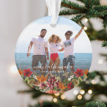 Vintage Tropical Mele Kalikimaka Christmas Photo Ornament<br><div class="desc">Hawaiian style christmas photo ornament,  featuring a favourite photograph with dark overlay at the boittom,   the Hawaiian Christmas greeting 'Mele Kalikimaka' in elegant white calligraphy script typography,  decorated with vintage tropical flowers and botanical foliage and your name.</div>