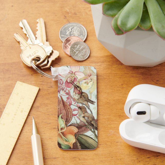 Vintage Tropical Orchids, Flowers and Hummingbirds Keychain (Desk)