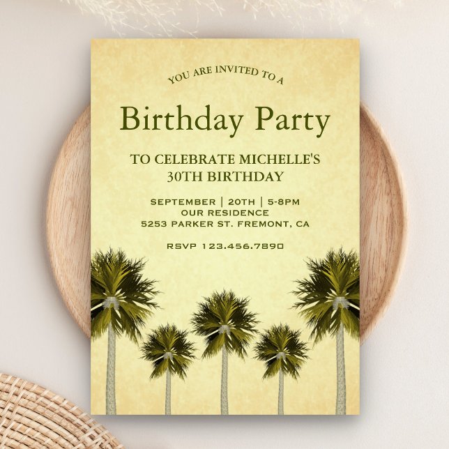 Vintage Tropical Palm Trees Birthday Party Invitation (Creator Uploaded)