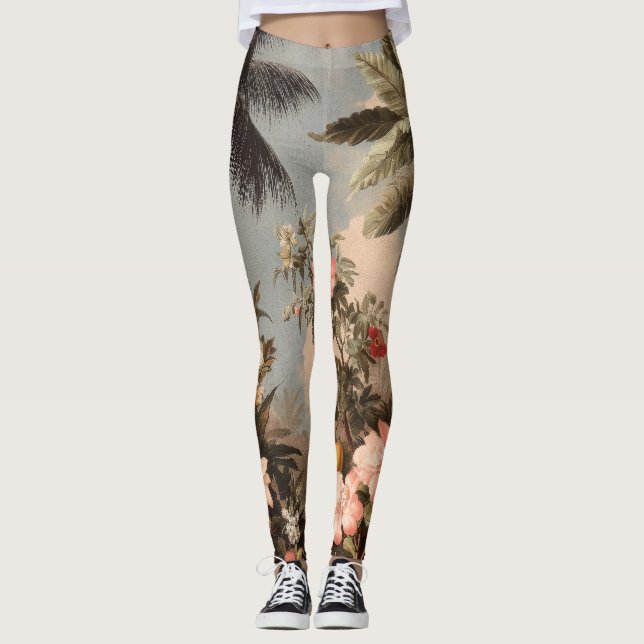 Vintage Tropical Paradise with Palm Trees Leggings (Front)