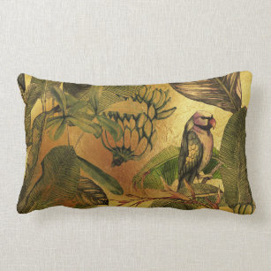 Vintage tropical parrots and leaves lumbar pillow