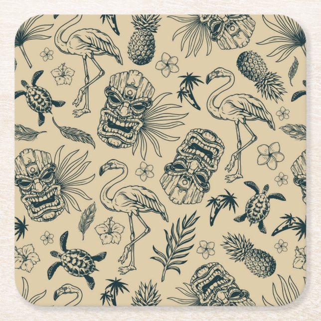 Vintage Tropical Pattern Square Paper Coaster (Front)