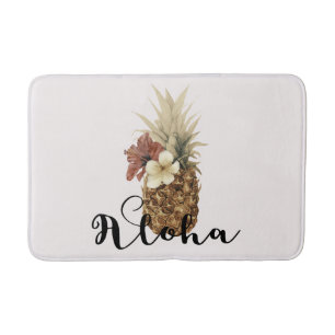 Vintage Tropical Pineapple Hibiscus Floral Aloha Bath Mat