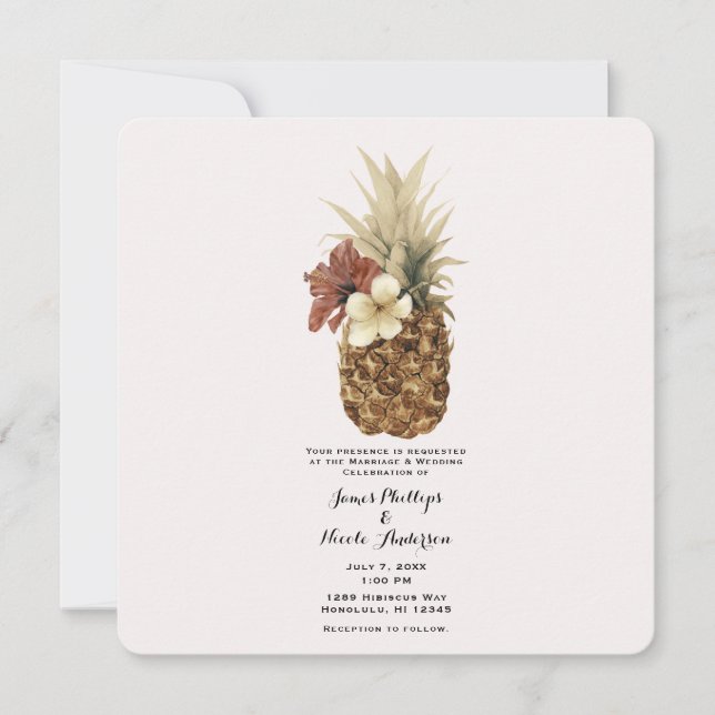 Vintage Tropical Pineapple Hibiscus Floral Wedding Invitation (Front)