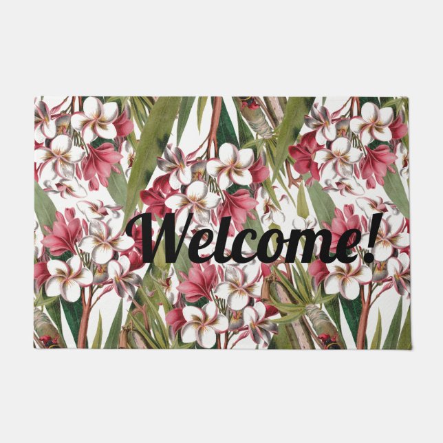 Vintage Tropical Plumeria Flowers Welcome Doormat (Front)