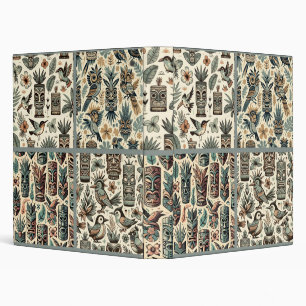 Vintage Tropical Tiki Masks and Birds Grey Green Binder