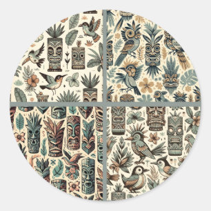 Vintage Tropical Tiki Masks and Birds Grey Green Classic Round Sticker