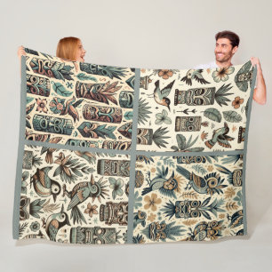 Vintage Tropical Tiki Masks and Birds Grey Green Fleece Blanket