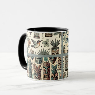 Vintage Tropical Tiki Masks and Birds Grey Green Mug