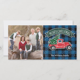 Vintage Truck Blue Buffalo Plaid Photo Holiday Card