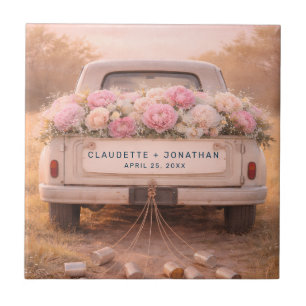 Vintage Truck Blush Floral Custom Name Wedding Tile