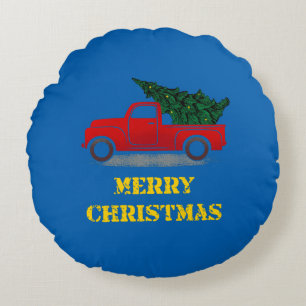 Vintage Truck Christmas Tree Gift For Trucker Round Pillow