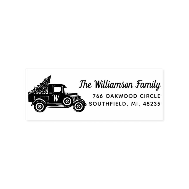 Vintage Truck Christmas Tree Monogram Address Rubber Stamp (Imprint)