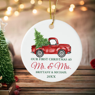 Vintage Truck First Christmas Mr and Mrs Ceramic Ornament