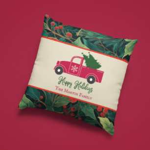 Vintage Truck Happy Holidays Christmas Throw Pillow