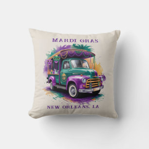 Vintage Truck Mardi Gras Celebration Throw Pillow