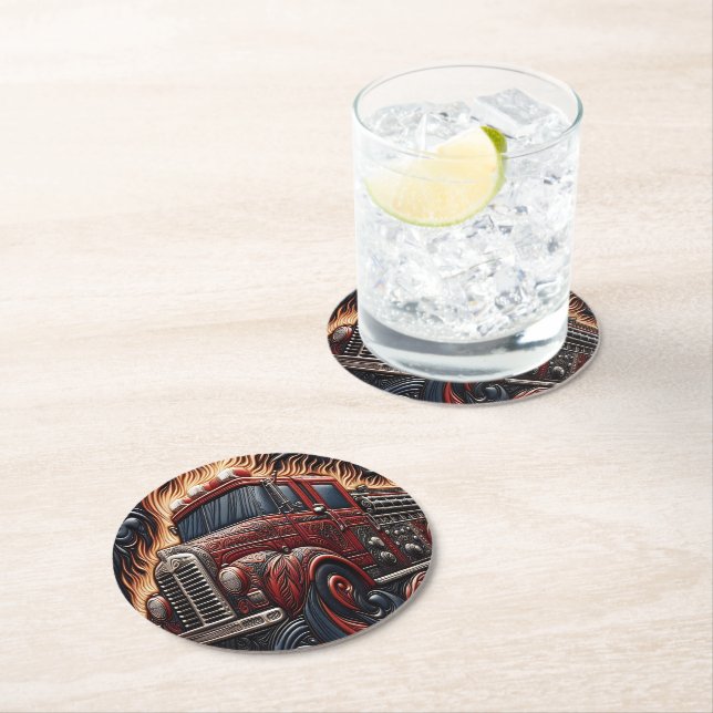 Vintage Truck on Imitation Leather Round Paper Coaster (Insitu)