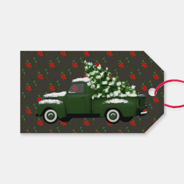 Vintage Truck | Poinsettia Wreath Gift Tags (Front (Horizontal))