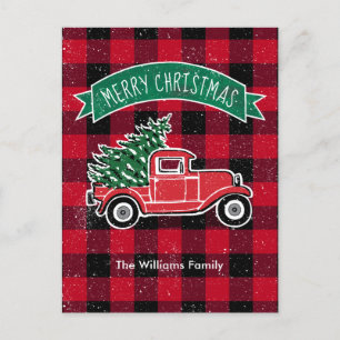 Vintage Truck Red Black Buffalo Plaid Holiday Postcard