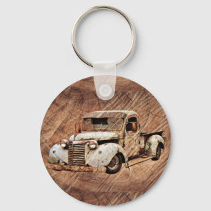 Vintage Truck Rustic Wood Keychain