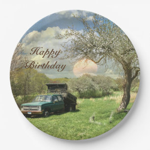 Vintage Truck Sunset Happy Birthday Paper Plate
