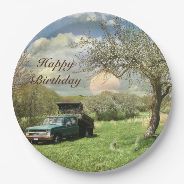 Vintage Truck Sunset Happy Birthday Paper Plate (Front)