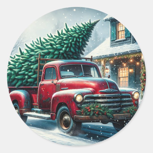 Vintage Truck with Christmas Tree Classic Round Sticker (Front)
