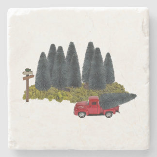 Vintage Truck with Christmas Tree Stone Coaster