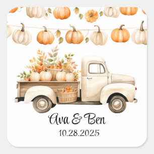 Vintage Truck with Pumpkins Wedding Square Sticker