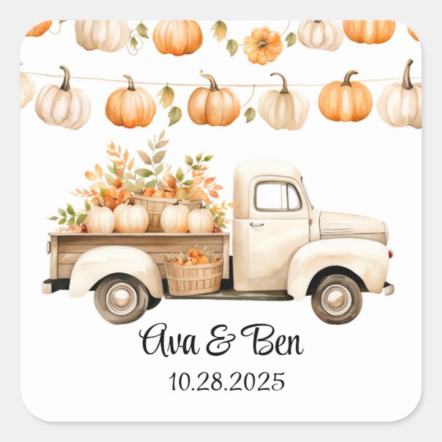 Vintage Truck with Pumpkins Wedding Square Sticker (Front)