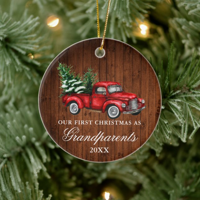 Vintage Truck Wood Grandparents Christmas Ceramic Ornament (Tree)