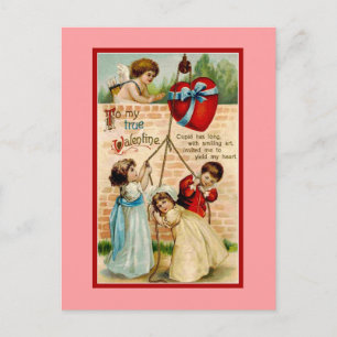 Vintage true Valentine, children, cupid, heart Holiday Postcard