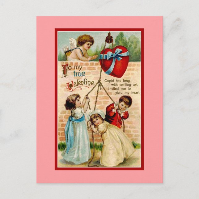 Vintage true Valentine, children, cupid, heart Holiday Postcard (Front)