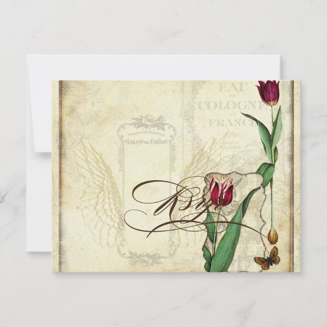 Vintage Tulips Angel Wings Swirl Tea Stained RSVP (Front)